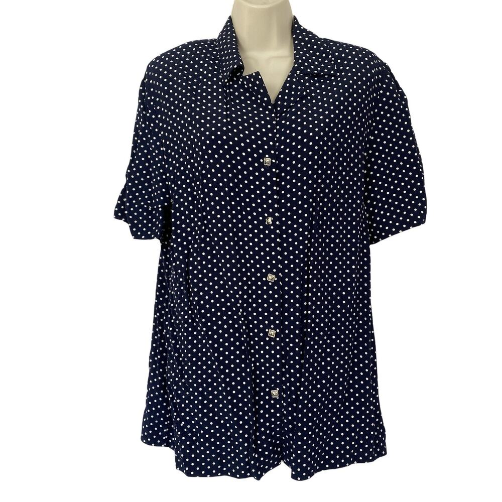 Joseph Ribkoff Button Up Top 12 Large Navy Blue White Polka Dot Retro Vintage